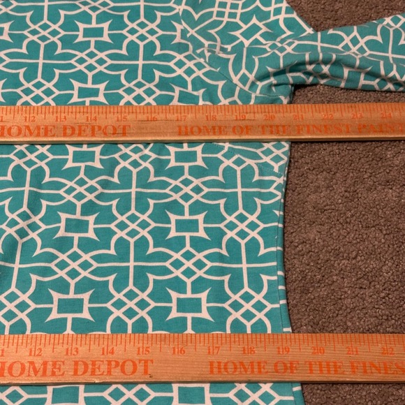 Gretchen Scott Teal White Geometric Print 3/4 Sleeve Knit Dress Size L - Picture 8 of 10